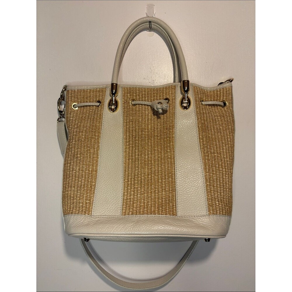Valentina Genuine Made In Italy Raffia White Leather Drawstring Bucket Bag Strap